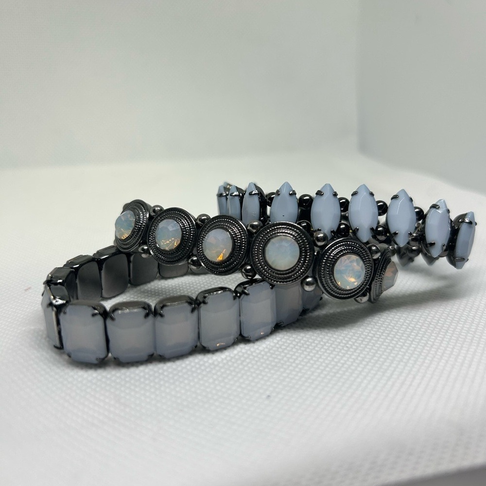 Set of 3 Gunmetal Stretch Bracelets‎ Milky Blue and Iridescent White Stones